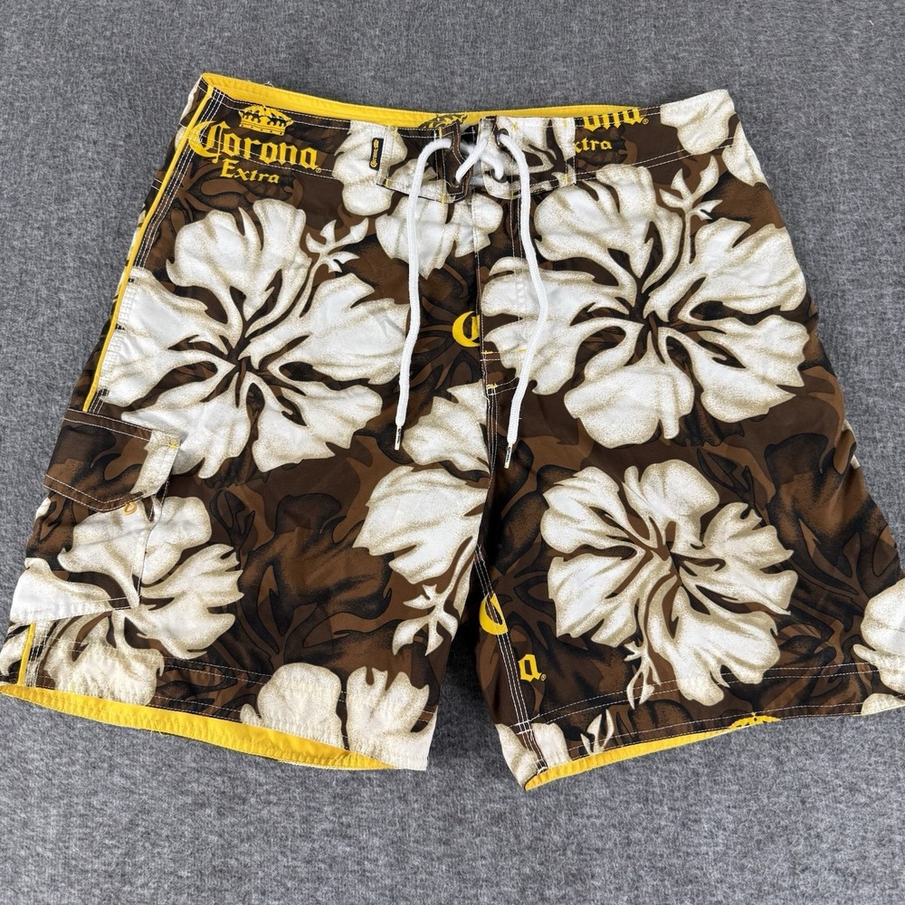 Corona Extra Board Shorts Mens XL 36 Brown Floral Swim Trunks Surf 2007
